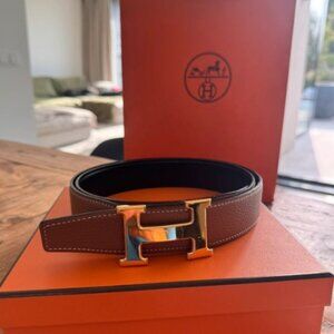 Hermes H Gold and Tan Calfskin Leather Belt.